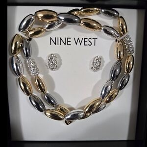 Nine West Gold and Silver Necklace and Earring Set NIB